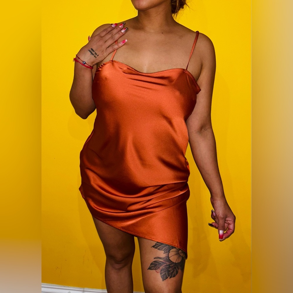 NWT Chic Satin Asymmetrical Rust-Colored Dress